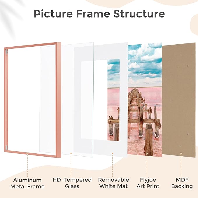 16x20 Metal Picture Frame For Wall With Mat For 11x14, 16''x20'' Aluminum Photo Frames With Tempered Glass, Minimalist Modern Poster Frame Horizontal And Vertical Formats, Rose Gold