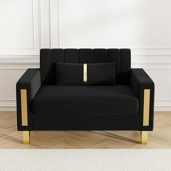 Couch 85.62" 3 Seats Sectional Velvet Fabric Sofa Easy Assemble Sofa Bed with 2 Couch Pillows,Gold Metal Legs for Living Room (P17, Black（3+1+1）)