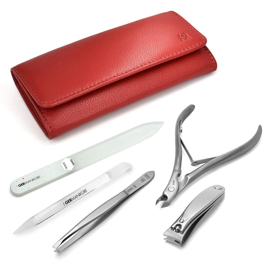 GERMANIKURE 5pc Manicure Set in Leather Case -FINOX Stainless steel tools handmade in Solingen Germany – Professional Nail and Cuticle Care Travel Implements