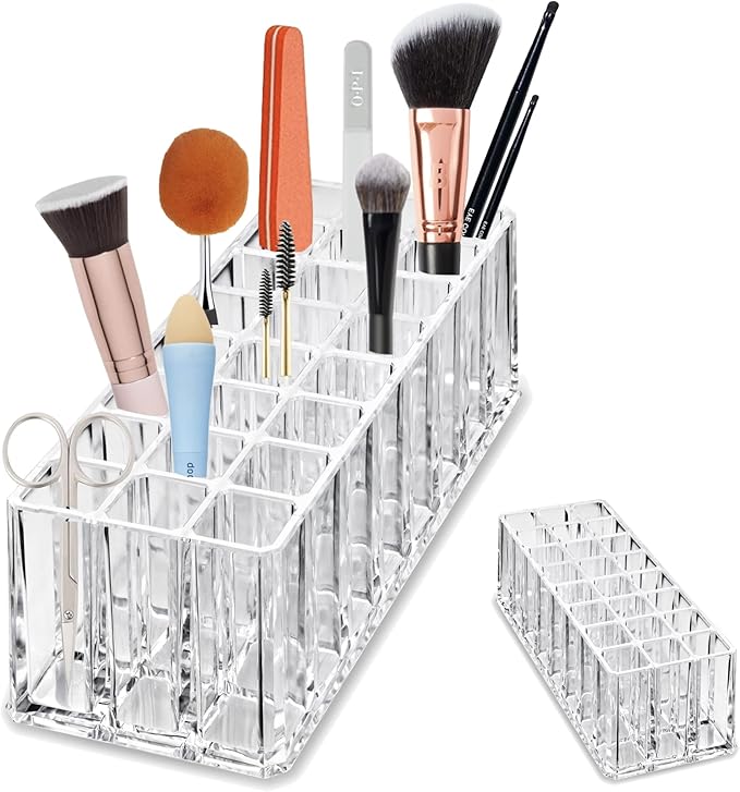 BY ALEGORY Acrylic Makeup Tool Organizer 24 Space Storage Deep Slot Refillable Container For Long Cosmetic Beauty Tool Organization Display Case