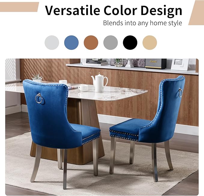 Luxury Upholstered Dining Chairs Set of 2, Blue Kitchen Chair with Silver Metal Legs, Velvet Tufted Back Dining Chair, Sillas de Comedor, Modern Kitchen & Dining Room Chairs (Blue, 2 Pcs)