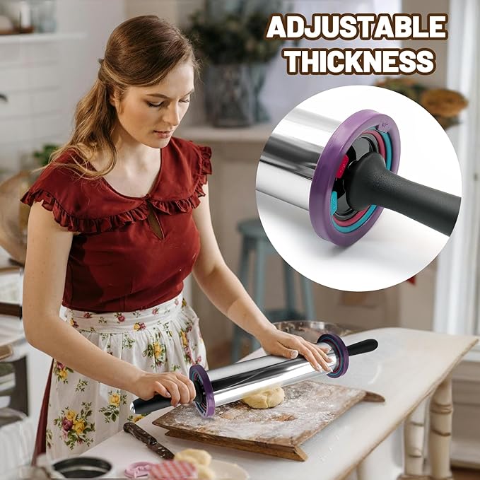 SHIKORI Rolling Pin,Adjustable Rolling Pin with Thickness Rings