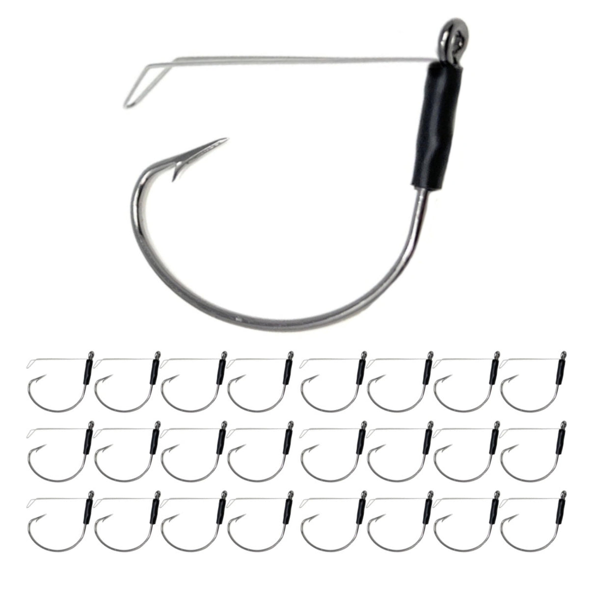 Reaction Tackle Wide Gap Wacky Hooks, Weedless Worm Hooks for Bass, High Carbon Steel Hooks for Stick Worm Soft Plastics, Neko Rig and Finesse Fishing - Size 1/0 Weedless Wire Guard (25-Pack)