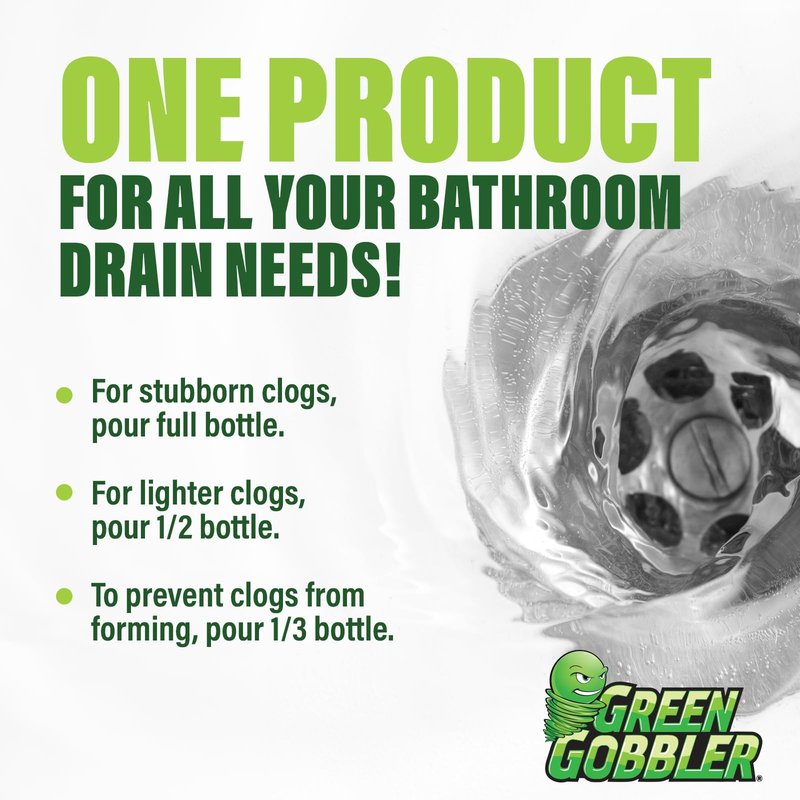 Green Gobbler Ultra Concentrated Drain Clog Remover & Cleaner | Powerful Hair, Grease & Soap Dissolver for Bathroom, Kitchen, Shower, Sink & Toilet | Safe for Pipes & Septic Systems | 2 Pack