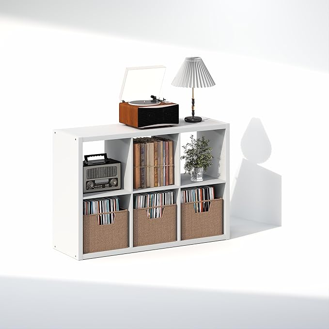 Furinno Cubicle Record Player Stand with Vinyl Storage, 6-Cube 1.2 Extra Thick Vinyl Record Storage, Open Back Media Shelf for CD DVD Blueray Game Disc, for Living Room, Home Office, White