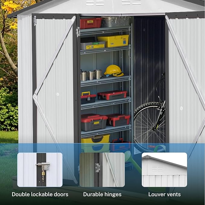 10 x 12 FT Outdoor Storage Shed, Metal Garden Tool Shed with Slooping Roof, Lockable Doors and Windows, Easy to Assemble for Garden, Patio, Lawn, White