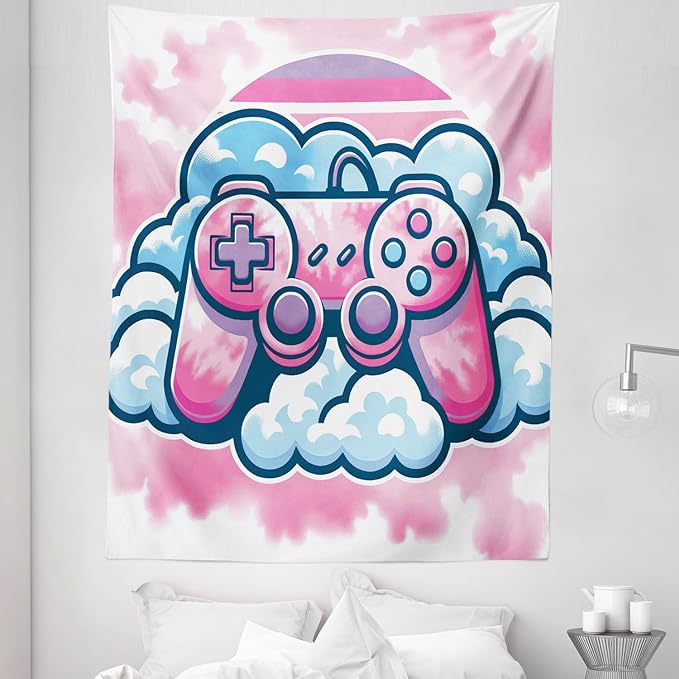 Ambesonne Pink Tapestry Twin Size, Girly Gamer Concept Design with a Controller and Clouds on a Soft Tie Dye Sky, Wall Hanging Bedspread Bed Cover Wall Decor, 68" X 88", Purple Pale Blue