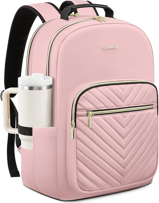 LOVEVOOK Laptop Backpack for Women with Giant Tumbler Holder 17.3 inch,Designer Travel Backpack Laptop Bag College Backpack,Quilted Work Nurse Teacher Backpack Purse Computer Bag Casual Daypack, Pink