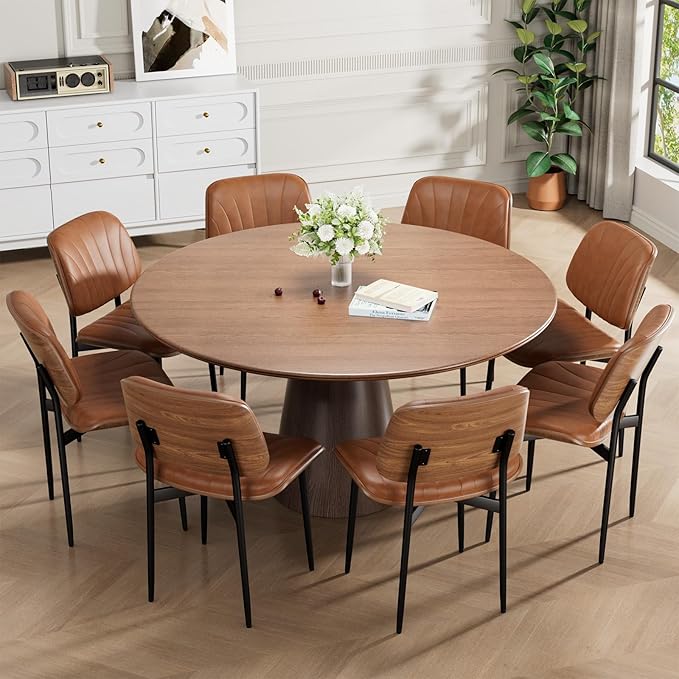 Dining Chairs Set of 8, Mid-Century Modern Upholstered PU Leather Chairs with Walnut Bentwood Back and Metal Legs Adjustable Feet for Kitchen Dining Room, Camel Shell Strips