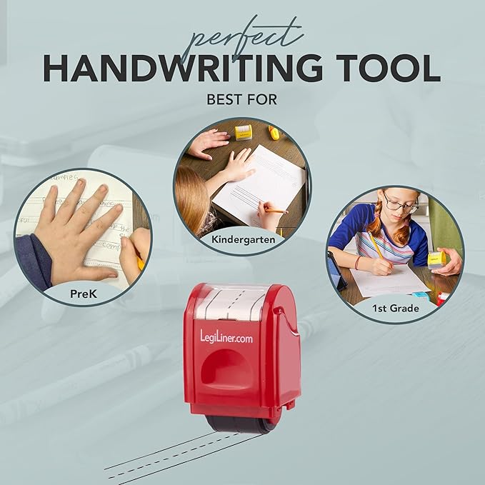 LEGILINER 3/4" Dashed Handwriting Line (RED) Teacher Stamp – Tri-Line Dashed Pattern. Classroom & Home Use. Refillable Ink Writing Practice Roller Stamp.
