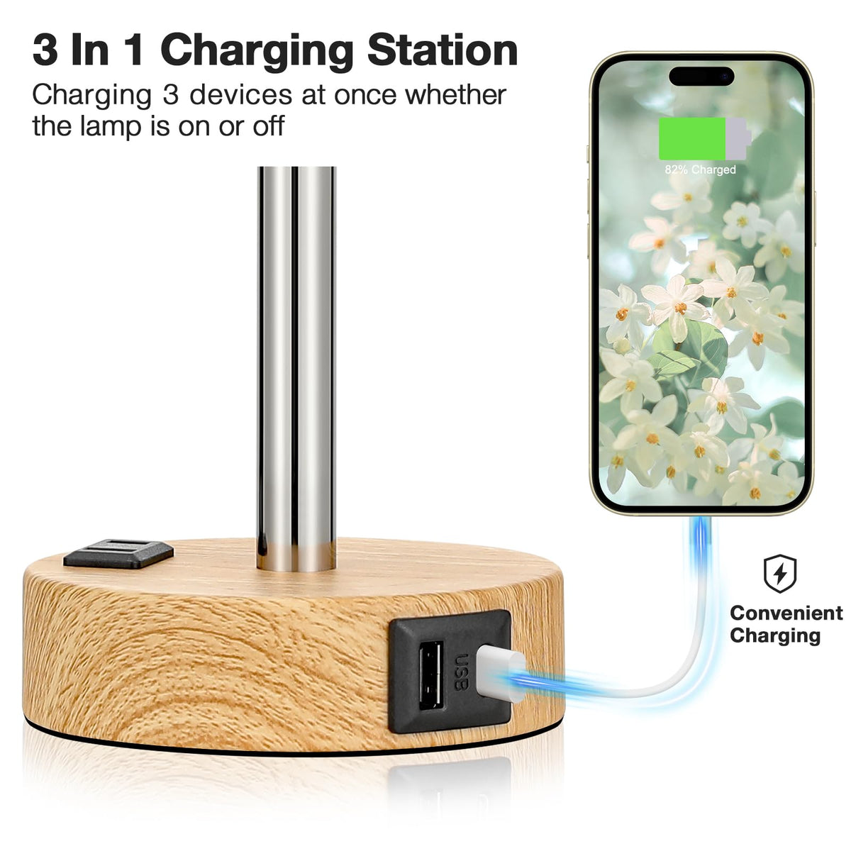 Fenmzee Floral Touch Lamp for Bedroom- 3 Way Dimmable Bedside Lamp USB C A Charging Ports and AC Outlet, Small Table Lamp Floral Linen Lampshade for Gift, LED Bulb Included
