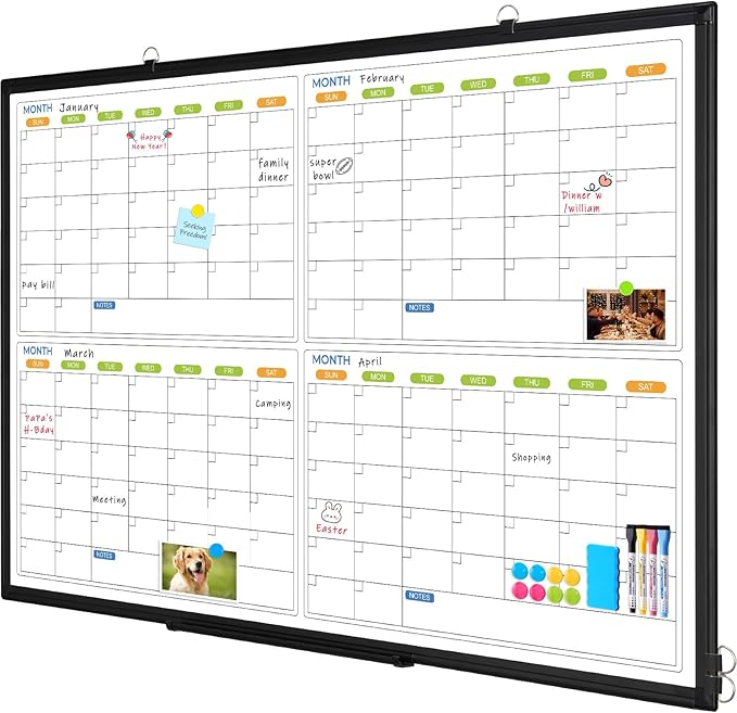 Dry Erase Calendar for Wall 4 Month, WALGLASS 48" x 36" Large Double-Sided White Board Calendar, Dry Erase Monthly Planner, Black Aluminum Frame Hanging Wall Mounted Whiteboard for Office Home School
