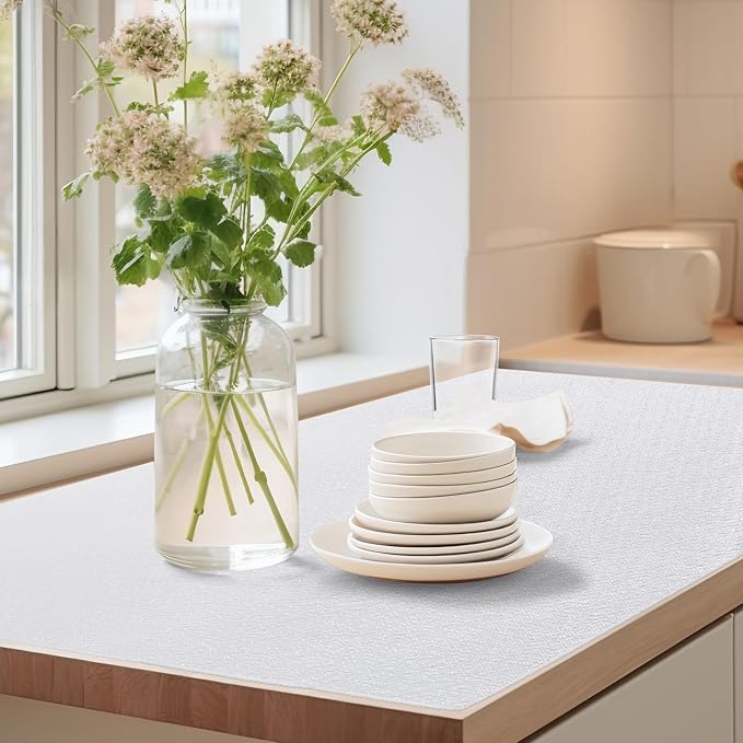 Drawer Shelf Liner for Kitchen Cabinets, Non Adhesive Slip Resistant Shelf Paper Easy to Clean, Strong Grip Thickened Waterproof Washable Mats for Pantry Shelves Cupboard Dresser, White, 17.5in x 30FT