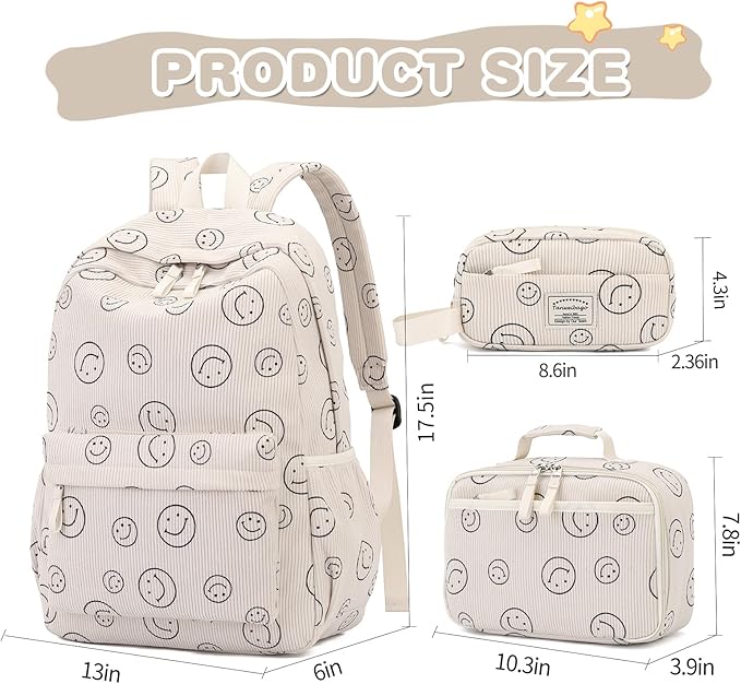 Backpack for Girls Boy Teen Corduroy Bookbags Elementary Middle High School Women Laptop Bag with Lunch Box Pencil Bag (Smile Beige)