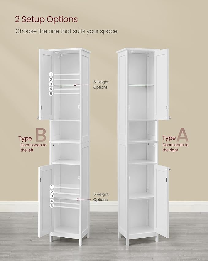 VASAGLE Tall Storage Cabinet with Lights, Slim Freestanding Cabinet with Adjustable Shelves, for Small Spaces, Bathroom, Living Room, Modern, 11.8 Inches Wide, Cloud White UBBC566W02