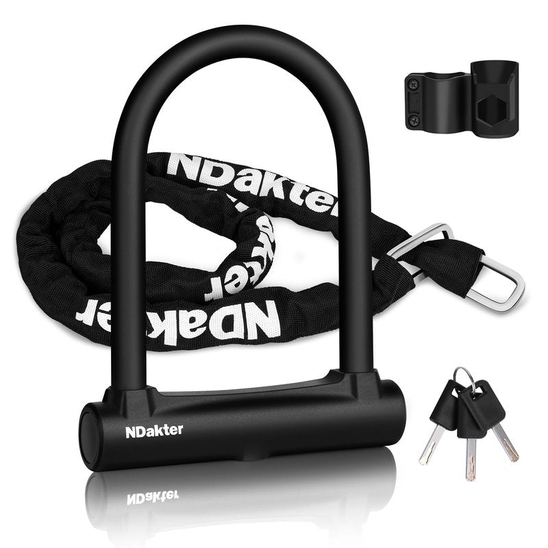 NDakter Bike Locks, 17mm Heavy Duty Anti Theft, Bike U Lock with 4FT Chain and Bracket, Electric Bicycle Lock for Scooter, 3 Keys Motorcycle Wheel Lock for Ebike, Moped, Tricycle