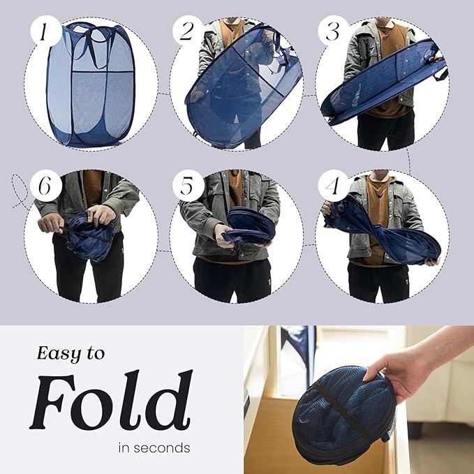 TECHMILLY Collapsible Mesh Pop Up Laundry Hamper with Sturdy Handles and Side Pocket - Portable Foldable Clothes Baskets for Dorm, Bathroom & Travel Storage (Blue, 2 Packs)