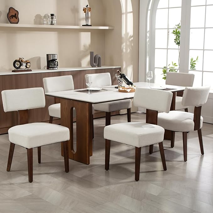 Dining Chairs Set of 6, Fabric Upholstered Wood Kitchen Chairs, Armless Linen Curved Backrest Accent Chair Farmhouse Modern Dining Chairs with Foot Pad for Kitchen/Living Room/Restaurant/Cafe-Beige