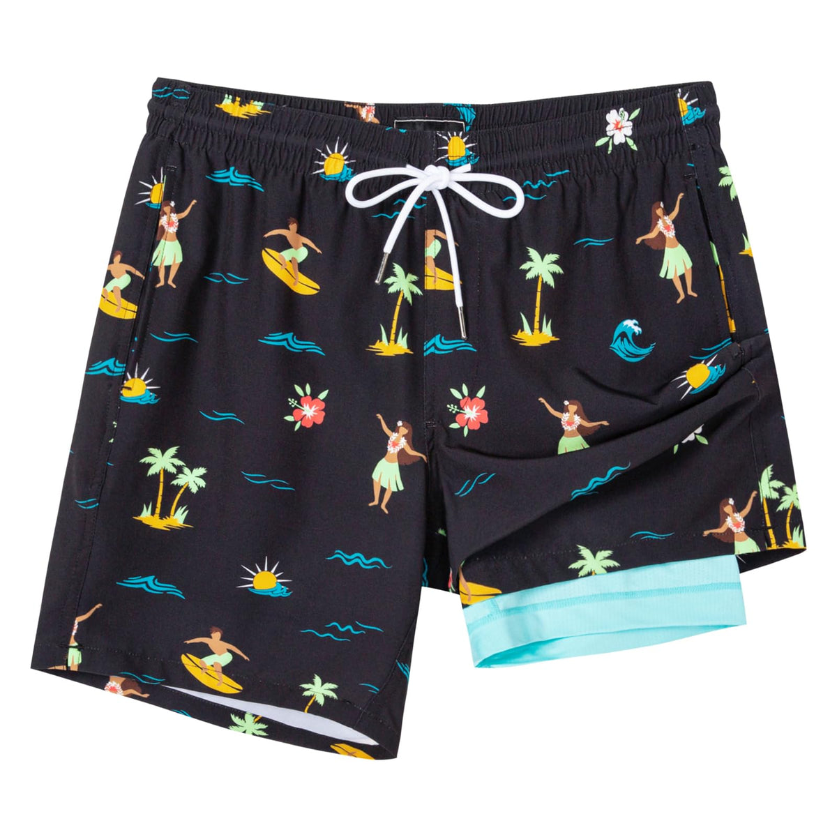 SURF CUZ Mens Swim Trunks with Compression Liner Quick Dry Swim Shorts 7" Swimming Trunks Stretch Bathing Suit 7 Inch,Hawaii Trip,M