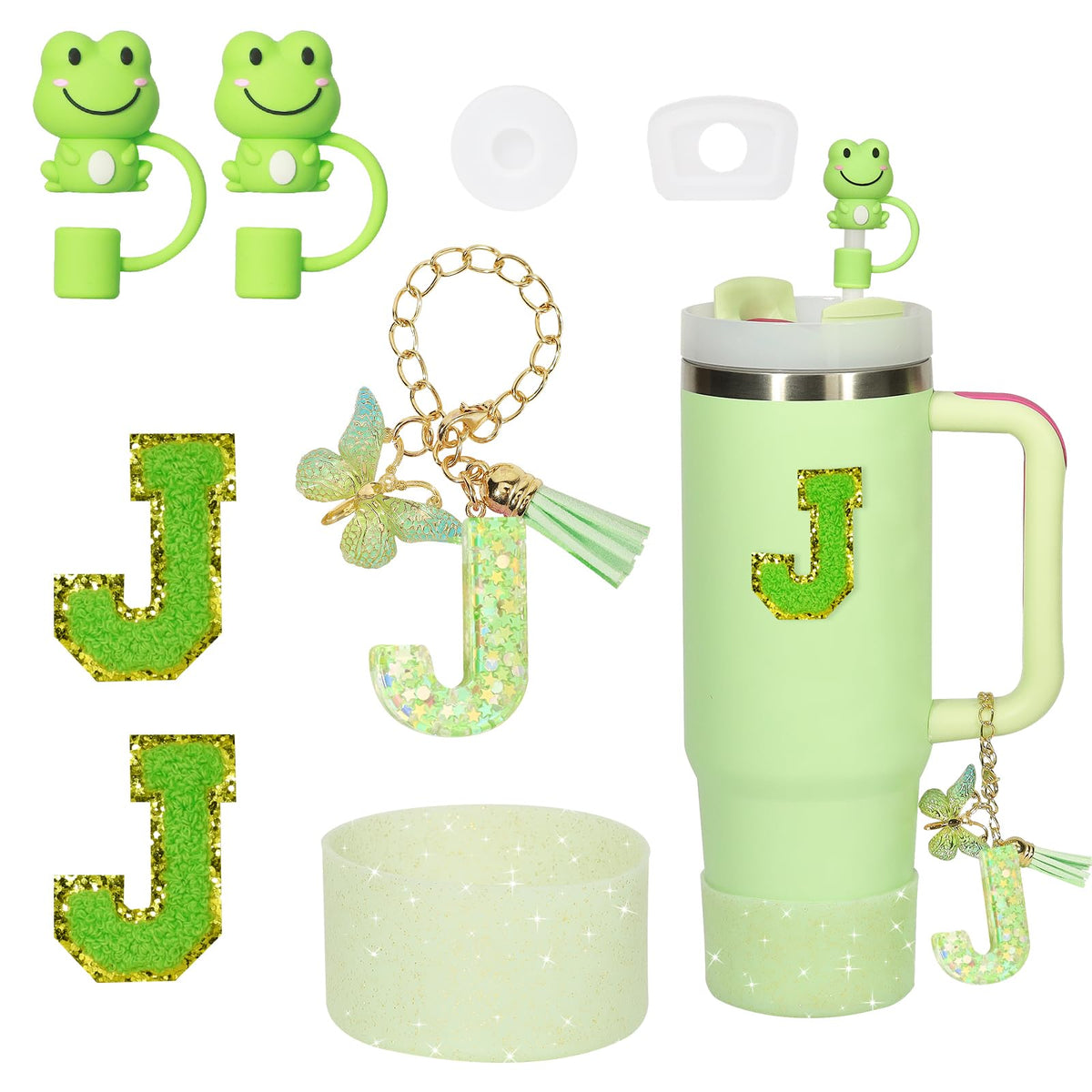 Liangang 8PCS Green Cup Accessories Set For Stanley 30oz 40oz,Including Boot,Spill Proof Stopper,2PCS Stanley Straw Cover and 2PCS Sticker Letter (Letter J)