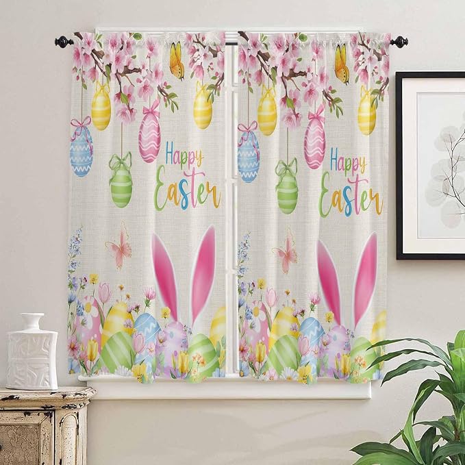 Happy Easter Bedroom Curtains 63 Inches length, Spring Farmhouse Bunny Eggs