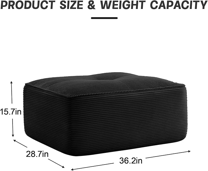 Black Ottoman for Modular Sectional Sofa, Corduroy Deep Seat for Oversized Compressed Boneless Sectional Couches for Living Room Bedroom Apartment, Cloud Sofa Couch, Memory Foam, No Assembly