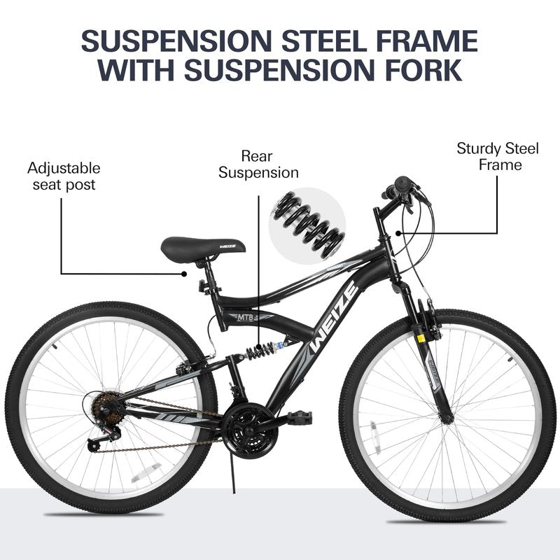 WEIZE Mountain Bike, 27.5 inch Outdoor Cycling Bike, 18-Speed/High-Carbon Steel/Dual Full Suspension, Adjustable Ergonomic Seat for Men Women Adult, MTB Bicycle with Suspension Fork, Matte Black