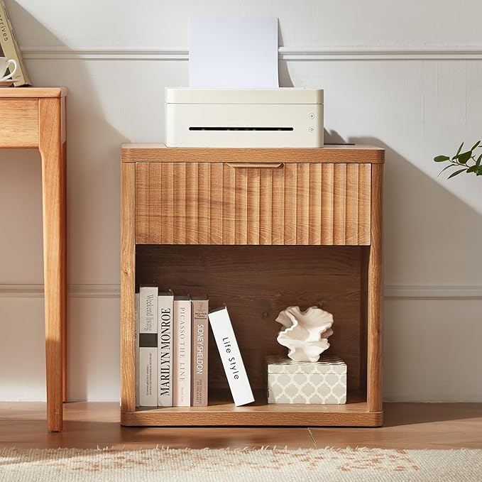 LEYAOYAO Fluted Farmhouse Nightstand Set of 2 with Charging Station, 23" Wide 1 Drawers End Table,Brown Dresser for Bedroom,Bed Side Table Chest of Drawers Cabinet,Wood Night Stand for Living Room