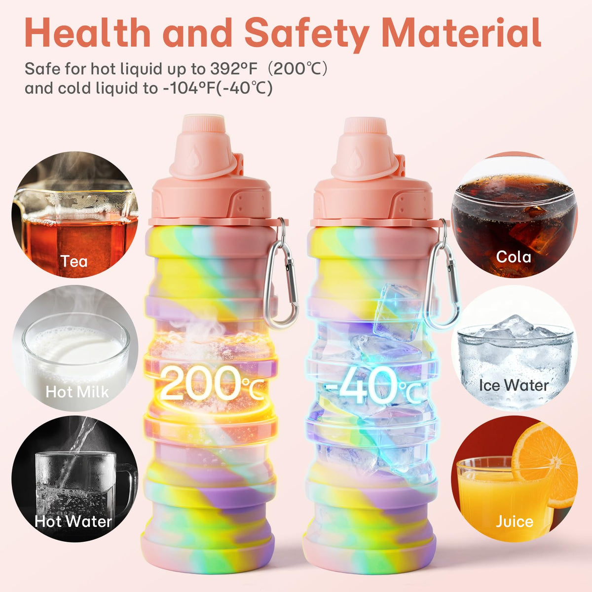 MAKERSLAND Collapsible Water Bottles for Travel, Foldable Sports Water Bottle for Kids, Reusable Water-proof Silicone Water Bottles with mountaineering Buckle for Camping Hiking Holiday