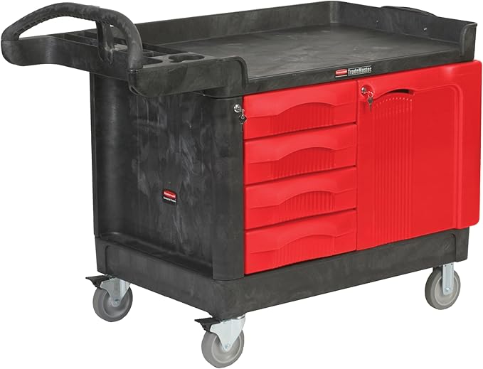 Rubbermaid Commercial Products TradeMaster Tool Storage Utility Cart, 4 Drawers + Cabinet, Small, 750 lb. Capacity, Black, for Warehouse/Garage/Cleaning/Maintenance