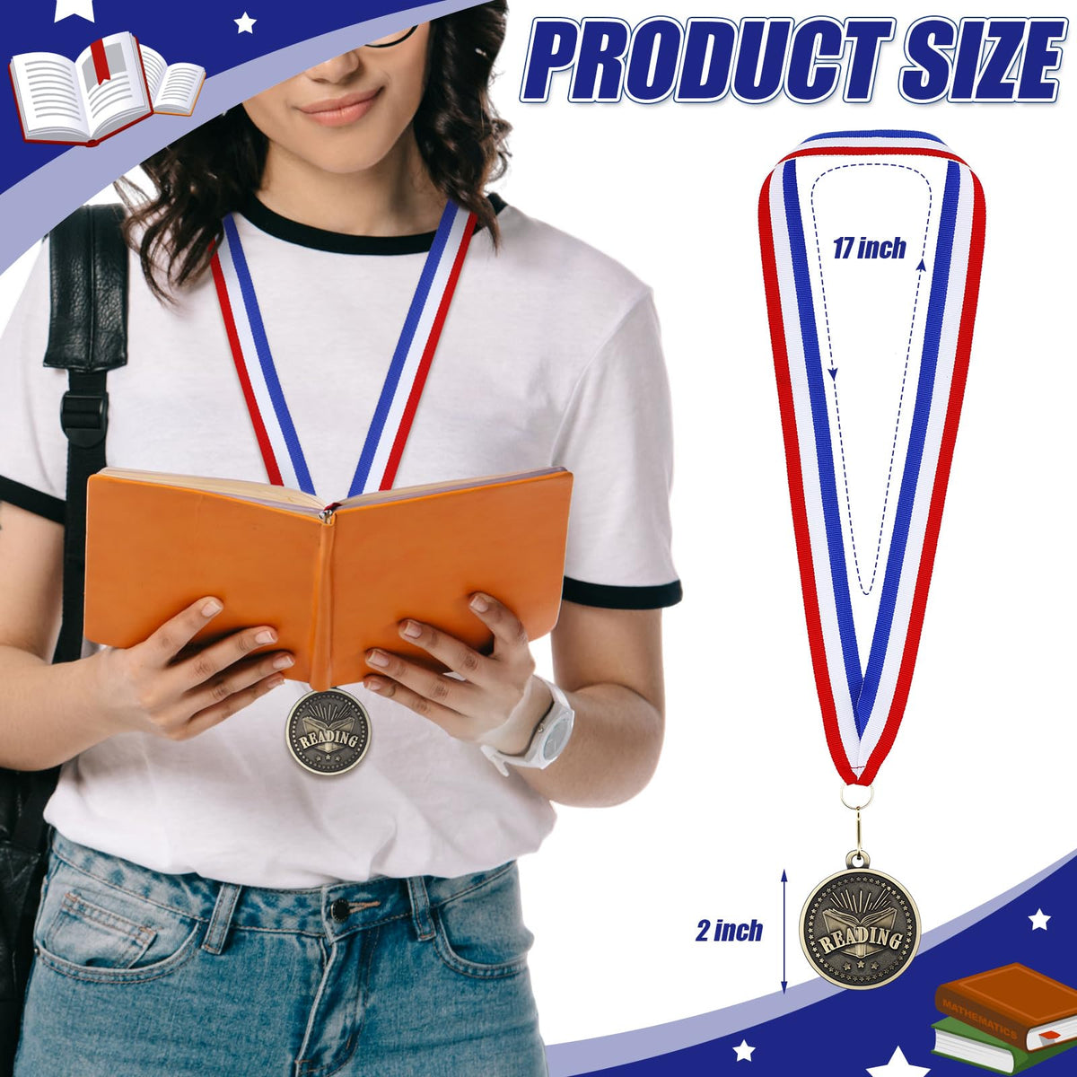 Loetere 36 Pcs Reading Book Medals 2'' Gold Reading Award Medals with Neck Ribbon Book Worm Award Prize Gift for Scholastic, Competitions