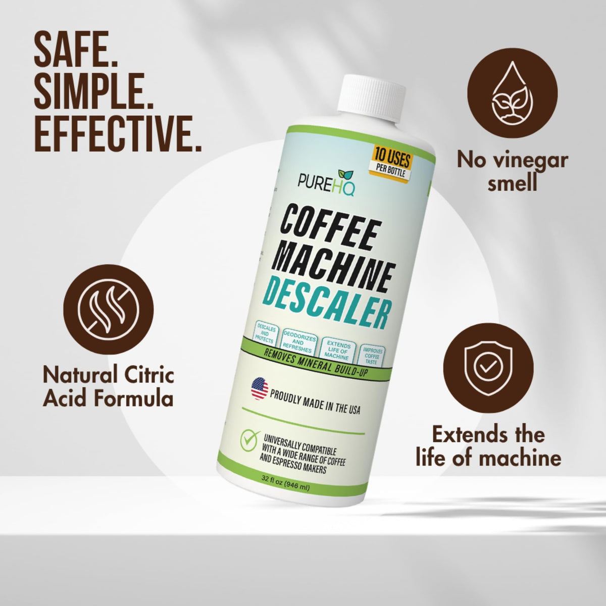 Coffee Machine Descaler - 10 Uses - Keurig Descaling Solution - Universal Descaler for Keurig, Nespresso, Delonghi, Breville, Ninja and All Single Use Coffee and Espresso Machines - Made in USA