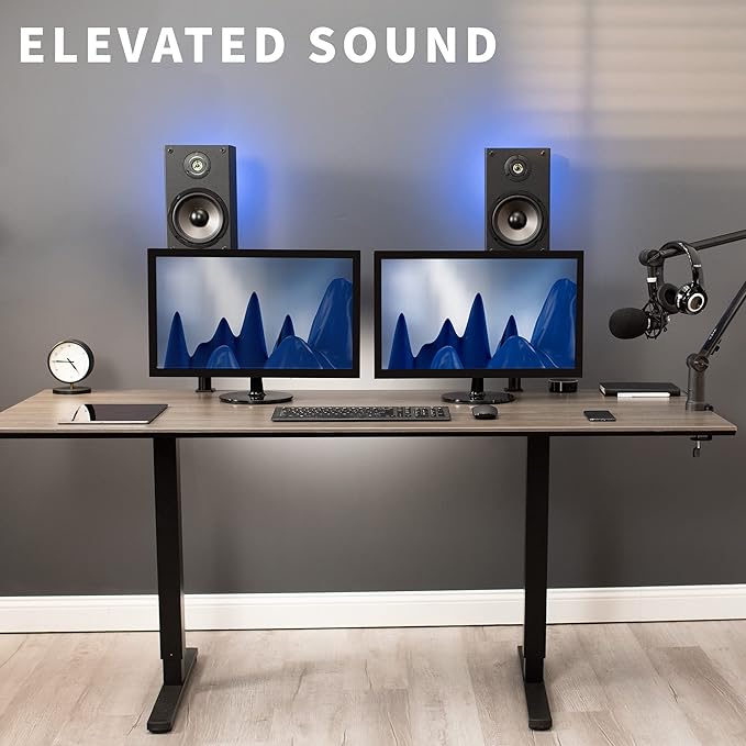 VIVO Clamp-on Speaker Stand Desk Mount Set, 10 x 9 inch Trays, Height Adjustment and Tilt, Universal Audio Holders for Computer and Bookshelf Speakers, Elevated Sound, 2 Pack, Black, MOUNT-SP01CB