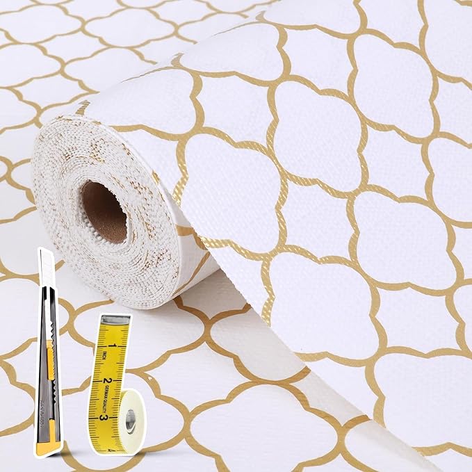 Shelf Drawer Liners for Kitchen Cabinets Non Adhesive Drawer Liner Thickened Refrigerator Liner Gold Quatrefoil Strong Non-Slip Paper for Tool Box with Knife and Tape Measure,17.3 x 236.2 Inches