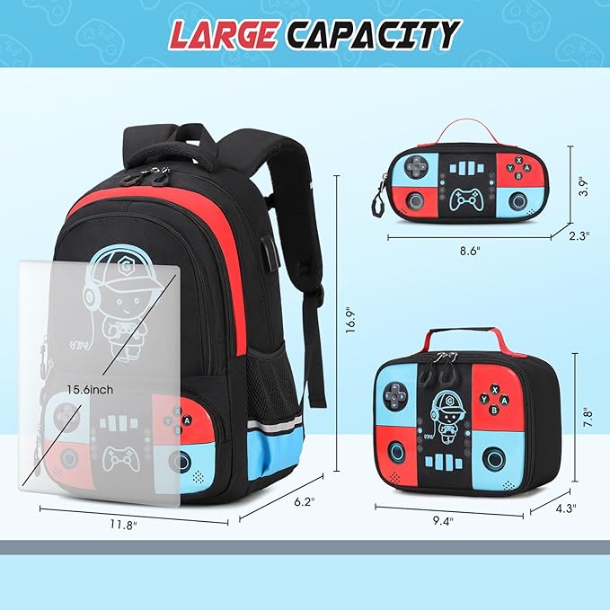 Bevalsa Backpack for School Boys, Cool Luminous Gamer Boys Backpack with Lunch Box & Pencil Pouch Set for Kids Children Teens Elementary Middle Schools, Schoolbag Bookbag Glow In The Dark (Red Blue)