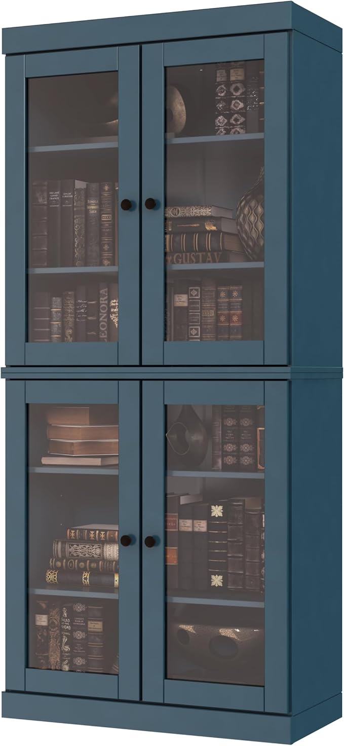 Palace Imports Solid Wood Bookcase - 6-Tier Tall Bookshelf, 71.5” H x 32” W - Teal Blue, Clear Glass Doors & Adjustable Shelves, 100% Renewable Eco-Friendly Wood, Made in Brazil