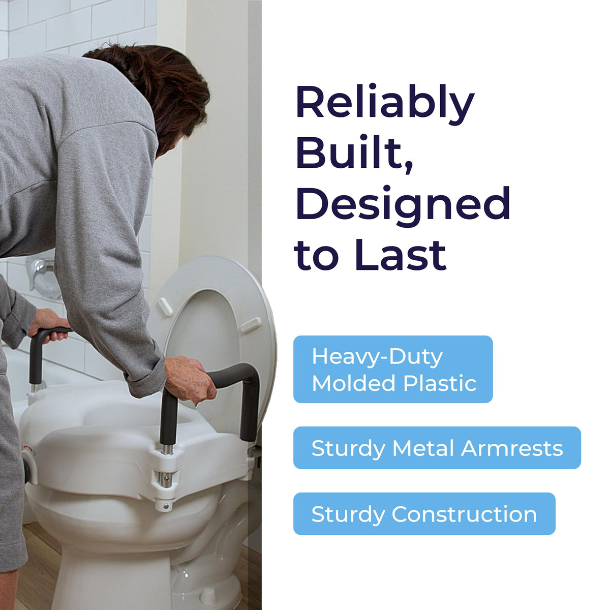 Drive Medical 2-in-1 Raised Toilet Seat with Removable Padded Arms - Elevated Bathroom Safety Support - Secure Locking Attachment - Easy Height Assistance - Durable Construction, Standard Toilets