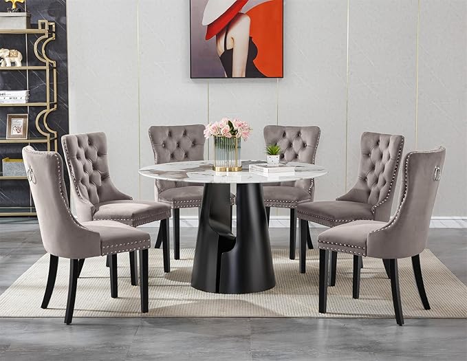 7-Piece Faux Marble Round Dining Table Set for 6, Modern Luxury Kitchen Table Set for 6 with Grey Tufted Chairs,Circle Dining Tables with Pandora Grain Top and Black Pedestal Base