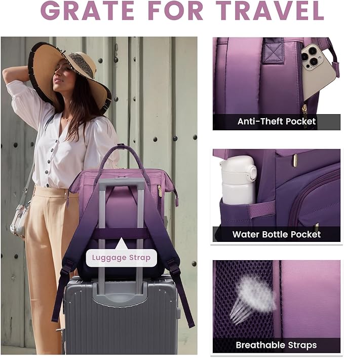 LOVEVOOK Gradient Laptop Backpack for Women,15.6 Inch Work Computer Bakcpack Purse Laptop Bag With Anti-Theft Pocket,Waterproof Carry on Teacher College Backpack for Travel,Purple-Pink