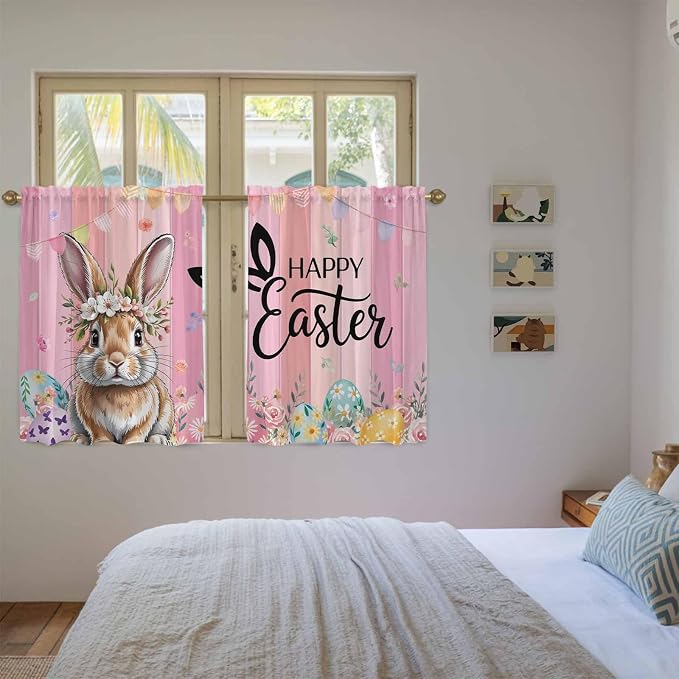 Easter Tier Curtains, Spring Rabbit Eggs Flowers Flags Leaves Wood Grain Light