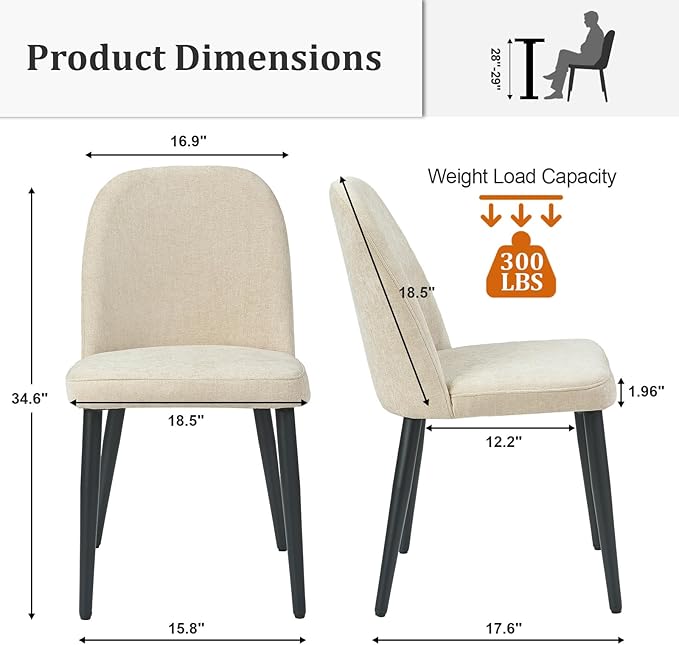Upholstered Dining Chairs Set of 2, Mid Century Modern Fabric Dining Room Chair High-Back Padded Kitchen Chairs with Padded Seat and Metal Legs for Kitchen Dining Room Restaurant Cafe, Beige