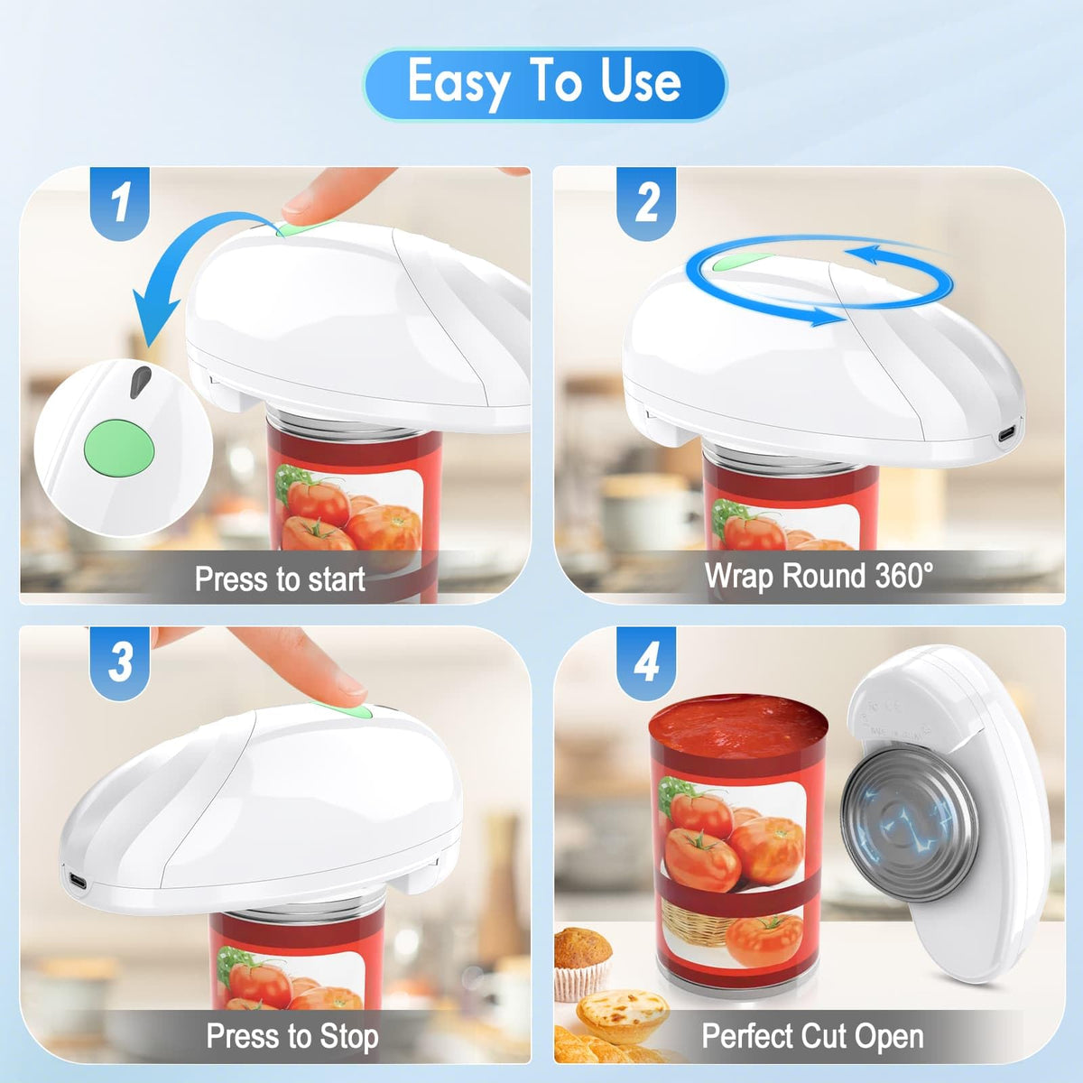 HuiJuKeJi Electric Can Opener, Rechargeable Automatic Can Opener for Seniors with Arthritis, One-Touch Hands-Free Can Opener for Almost Can Sizes, Smooth Edge & Food-Safe Kitchen Gadgets-White