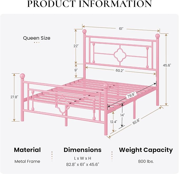 SHA CERLIN 14 Inches Queen Size Metal Platform Bed Frame/Vintage Iron-Art Headboard and Footboard/Mattress Foundation for Storage/No Box Spring Needed/Noise-Free/Easy Assembly/Pink