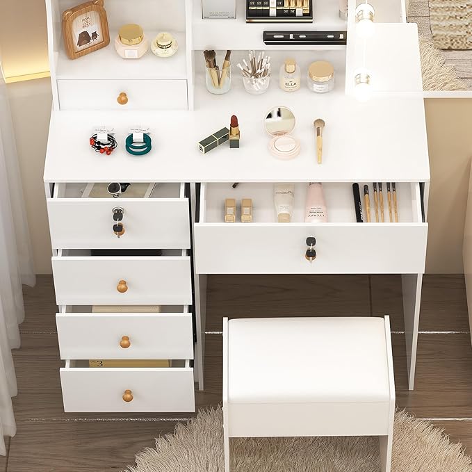Vanity Set with Mirror and Lights, Vanity Table with Stool, Lighted Mirror 10 Dimmable Bulbs, 6 Drawers, Makeup Vanity Desk for Girls, White Bedroom Dressing Table