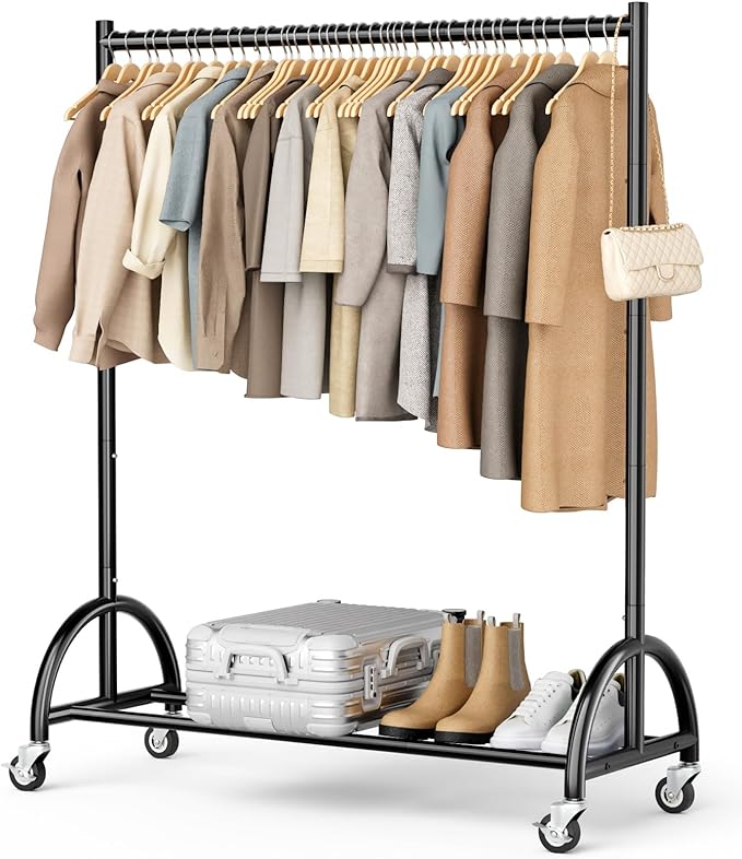 MISSLO Heavy Duty Clothing Rack with Wheels Rolling Clothes Racks for Hanging Clothes, Coats, Garment, Dress, Black
