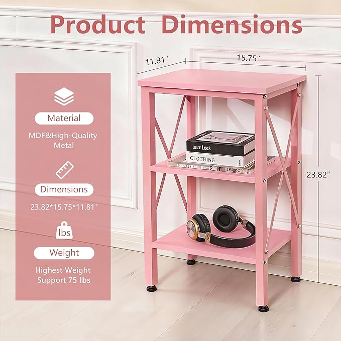 VECELO End Table Set of 2, Bedside Table, 24" Tall Living Room End Tables, X-Design Reinforced Nightstands, Side Table with 3-Tier Storage Shelves for Small Spaces, Office, Bedroom, Pink