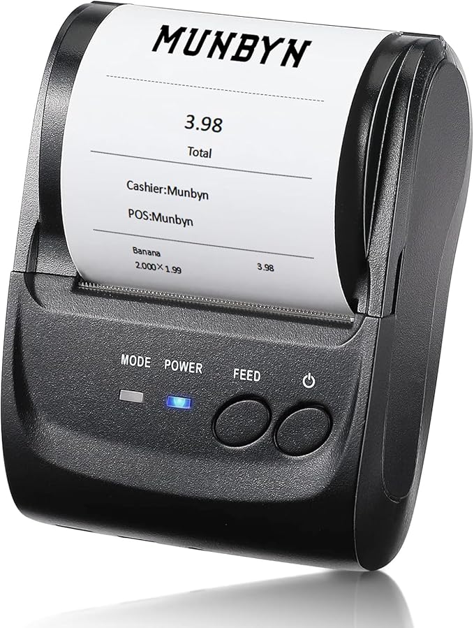 MUNBYN POS Receipt Printer, 58mm Receipt Printer, 2.28inch Wireless Portable Mobile Mini Bluetooth Thermal Printer, Compatible with Android Windows for Small Business, Not-Square, NOT-iOS