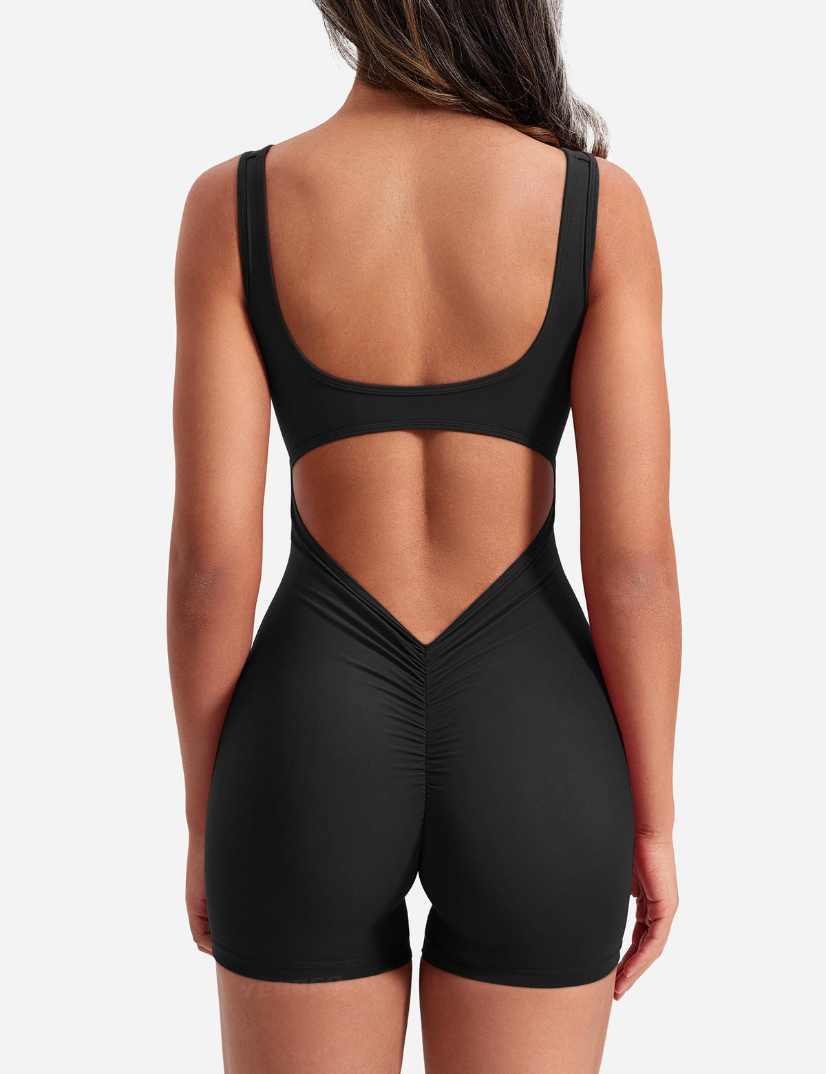 YEOREO One Piece Workout Jumpsuits for Women Backless Tummy Control Sleeveless Jumpsuits Lizvette V Back Scrunch Yoga Romper Black M