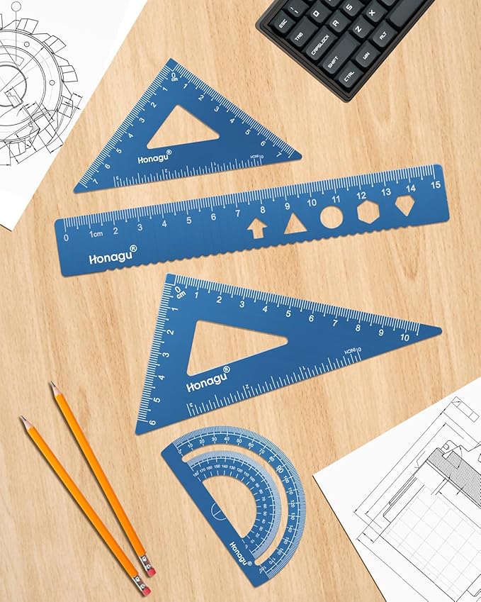 Honagu Triangular Ruler Set, 4 Pieces Aluminum Alloy Metal Drafting Ruler, Geometric Protractor for Students, Draftsmen, Engineers, Home School Office Supplies (15cm/5.9inches, Blue)