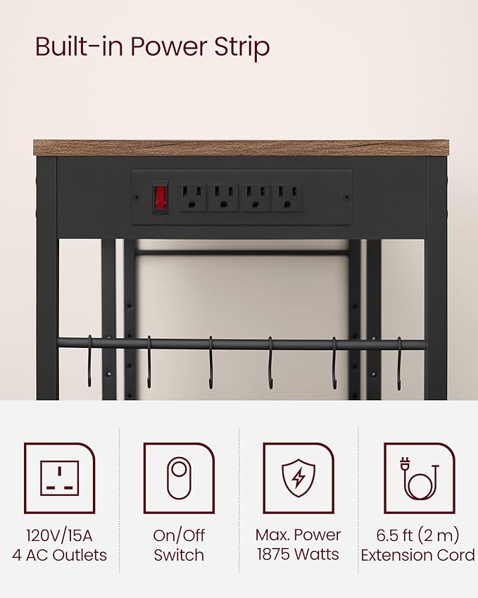 VASAGLE Baker's Rack, Coffee Bar Stand with Charging Station, 35.6 Inches Tall, Storage Shelves, Pull-Out Wire Basket, Table for Microwave, Kitchen, Honey Brown and Ink Black UKKS036K41